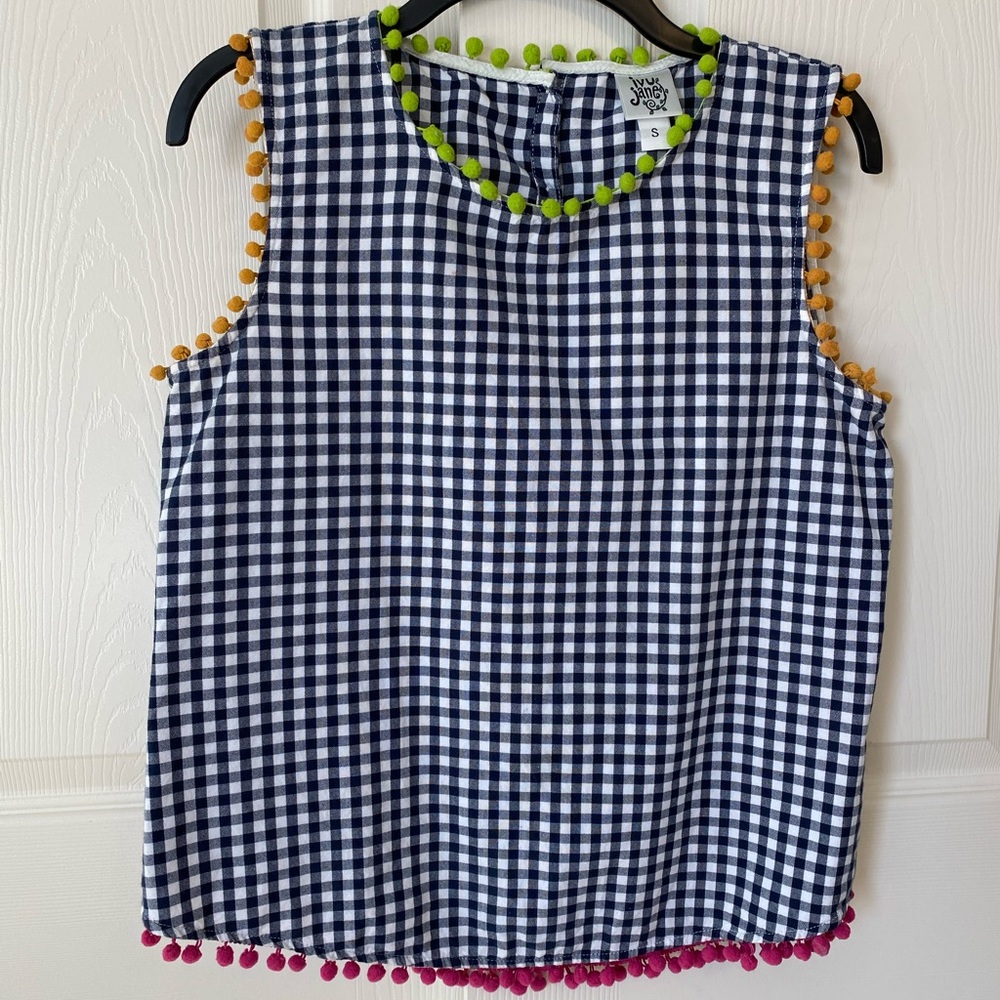 Ivy Jane Checked Top Sleeveless Tassels Navy White Small